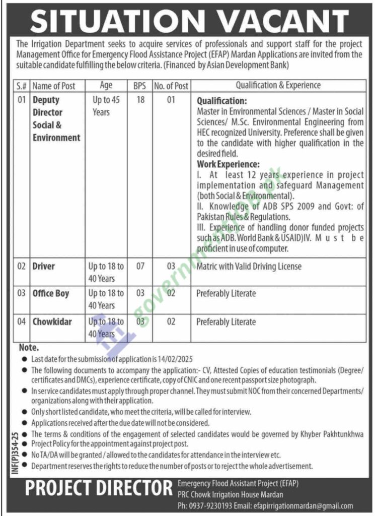 KPK Emergency Flood Assistance Project EFAP Jobs 2025 KP Irrigation