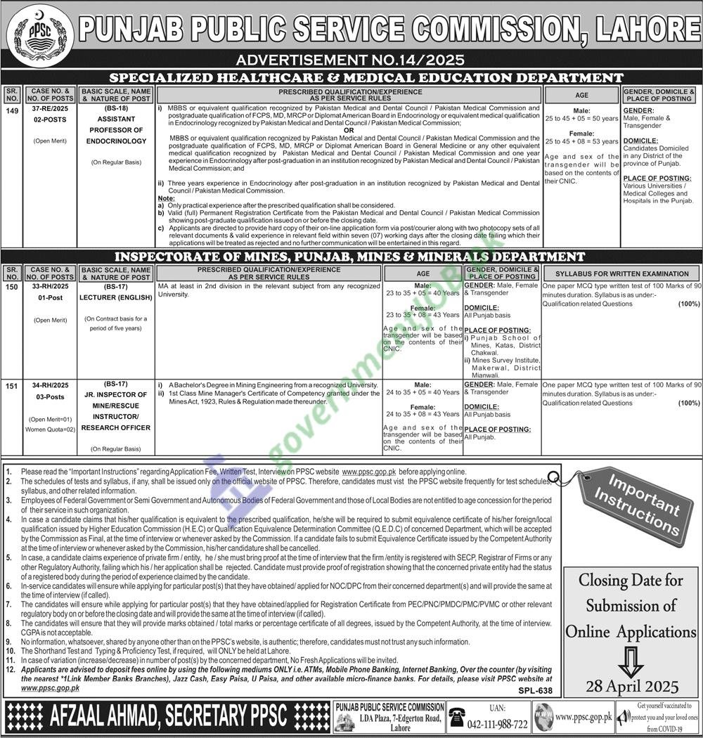 PPSC Jobs Advertisement No. 14/2025