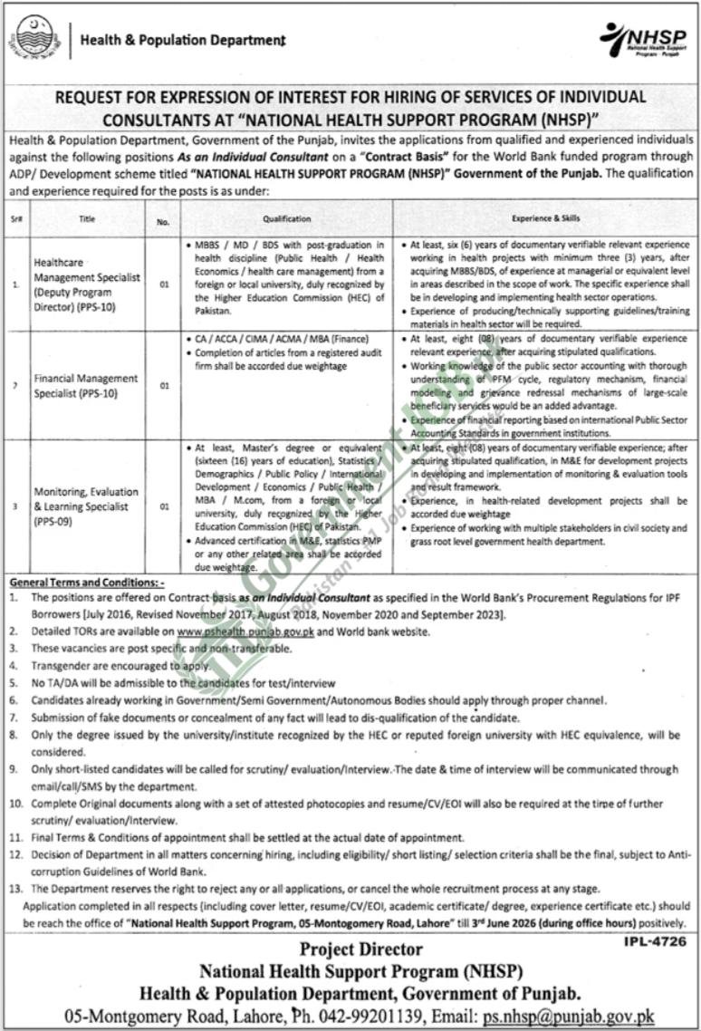 National Health Support Program NHSP Punjab Jobs 2026 for Specialist Consultants