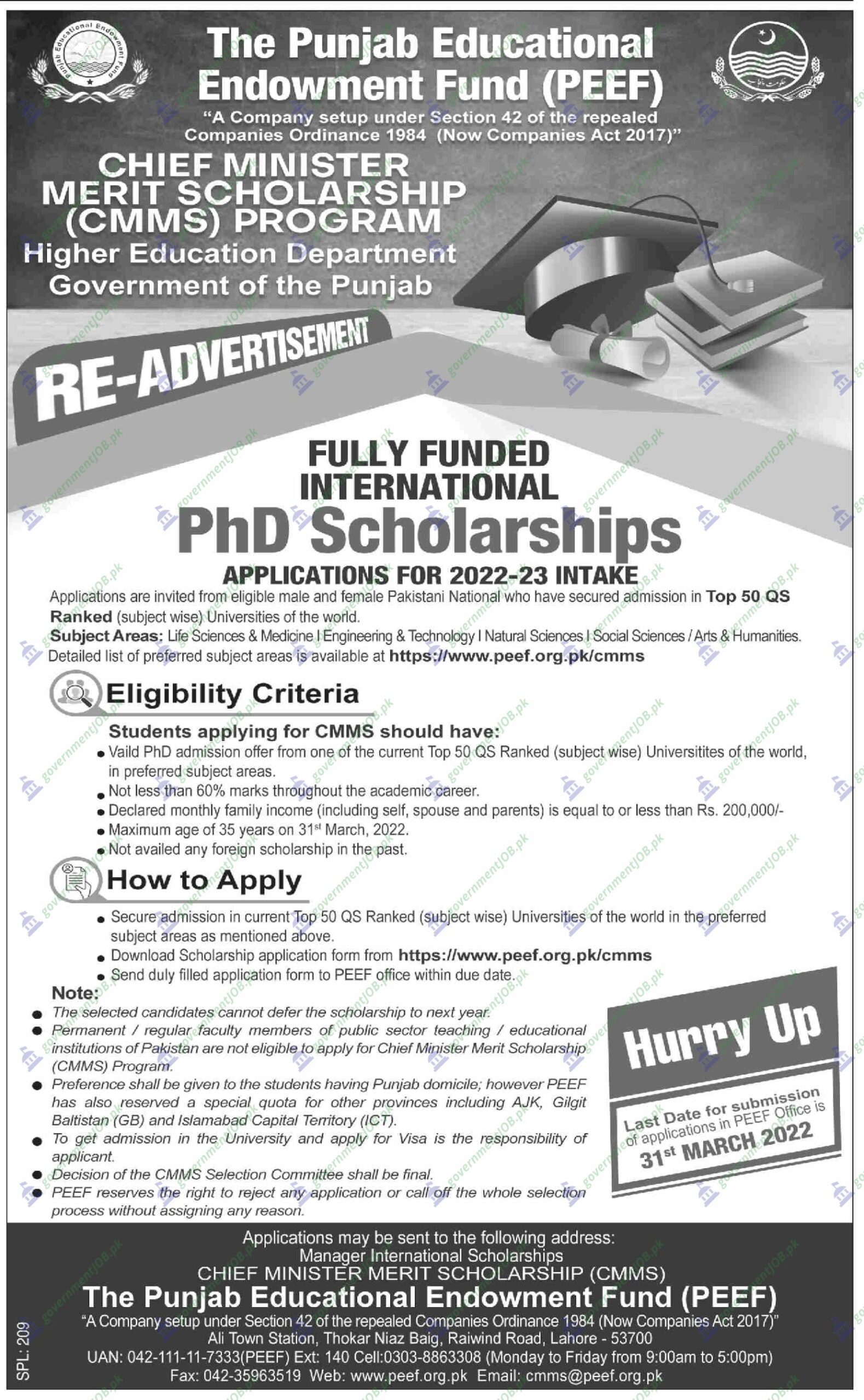 Punjab Educational Endowment Fund Scholarship 2022 - PEEF
