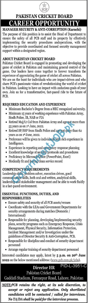 Pakistan Cricket Board Career Opportunity - PCB