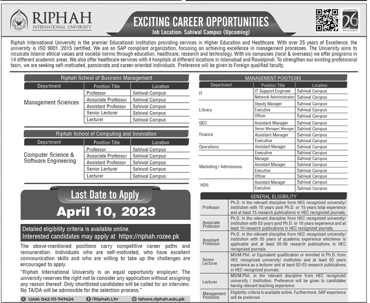 Riphah International University (RIU) Jobs 2023 - Apply Online