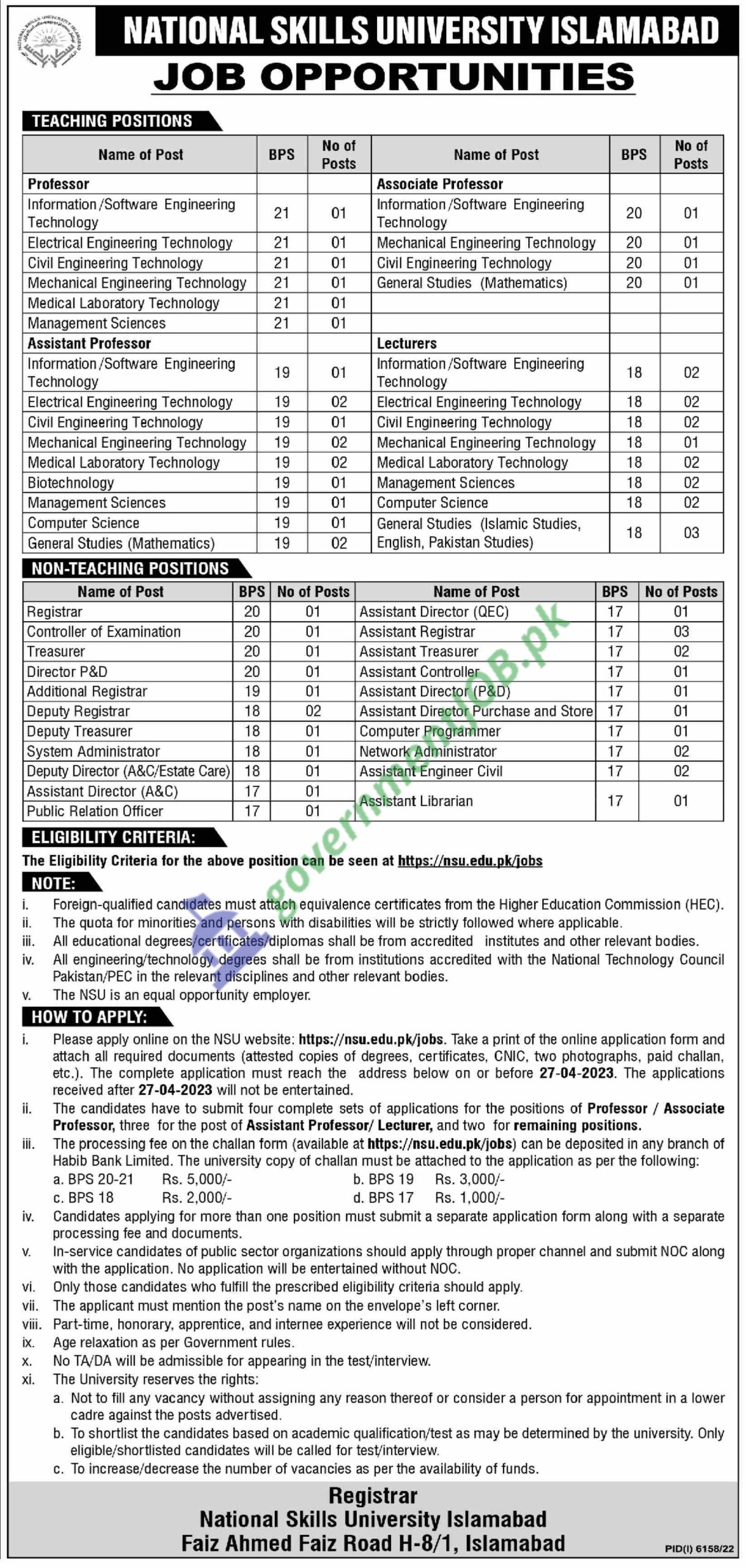 National Skills University NSU Islamabad Jobs 2023