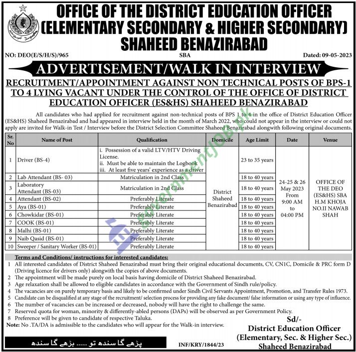 District Education Officer Nawabshah Jobs 2023
