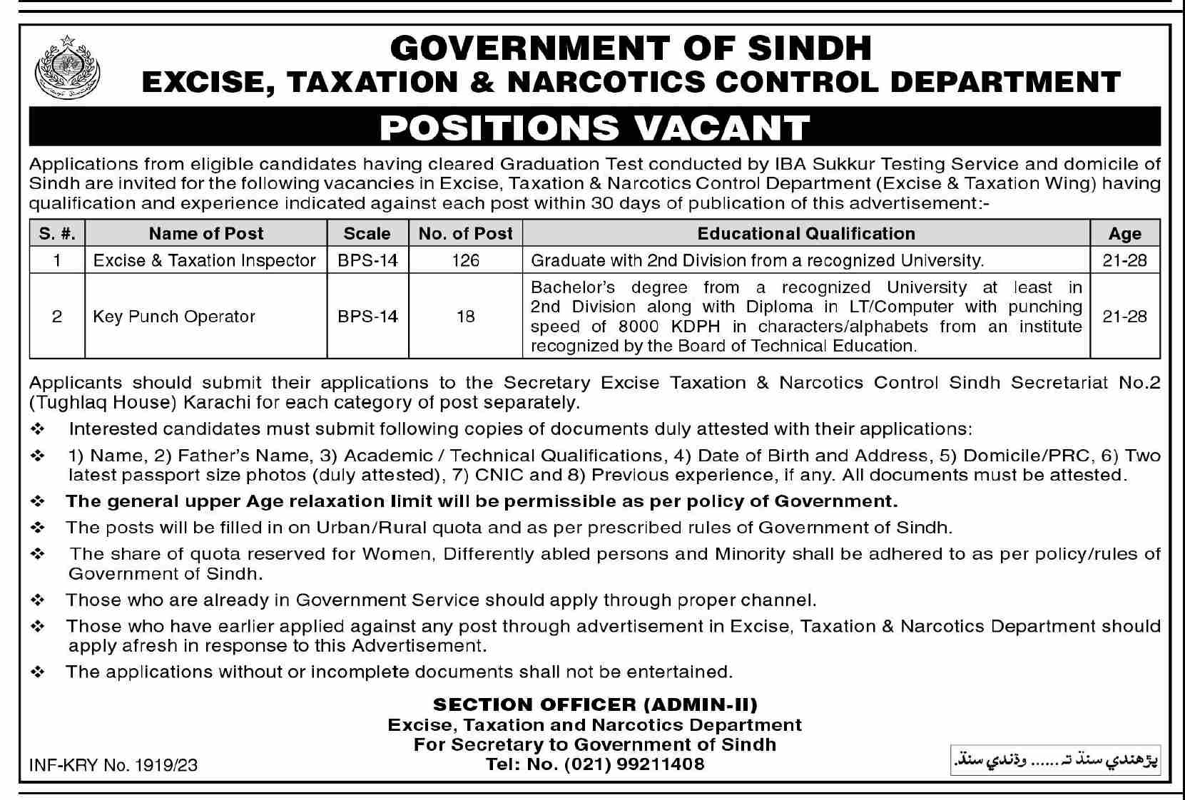 Excise Taxation & Narcotics Control Department (Sindh) Jobs 2023