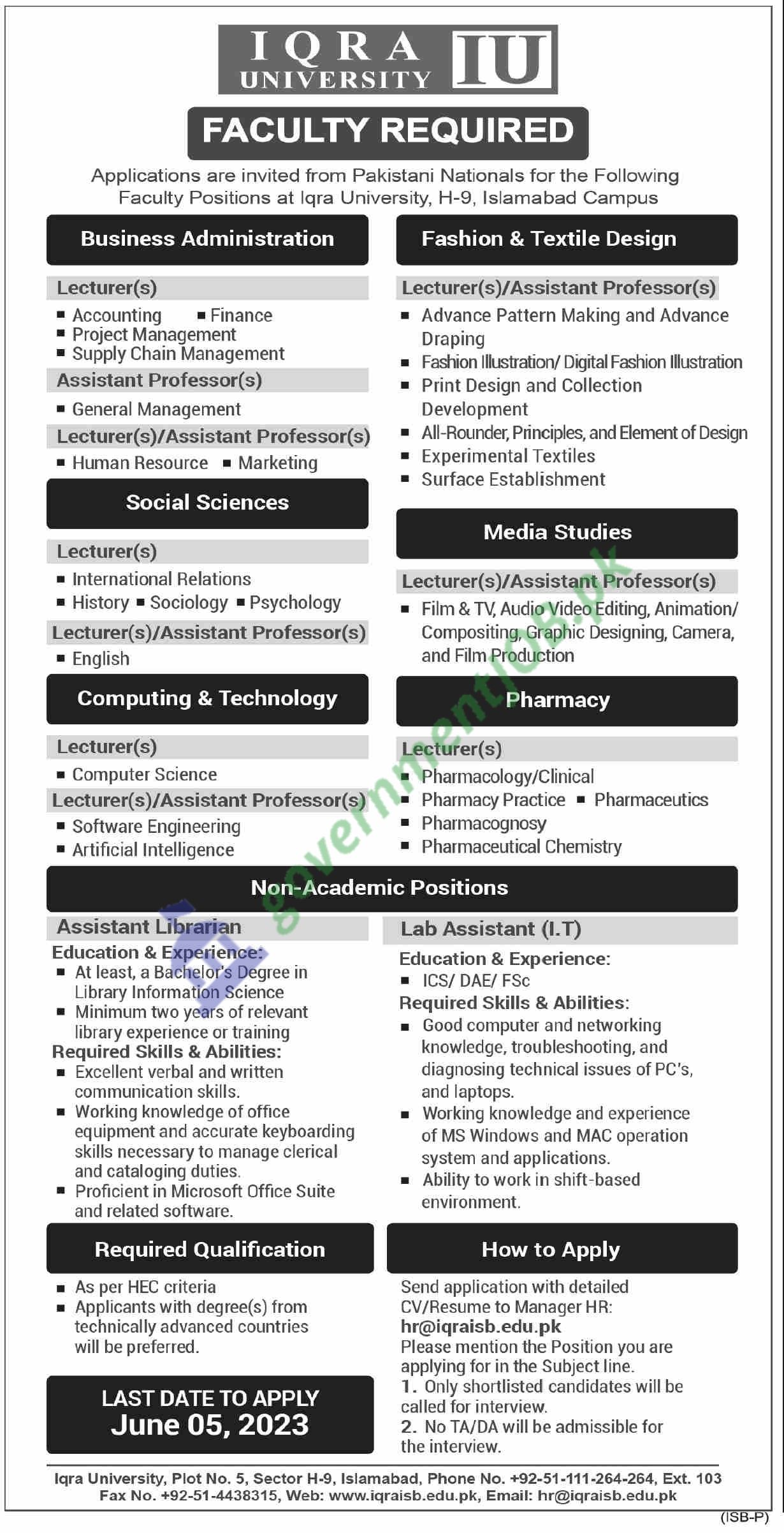Iqra University Islamabad Jobs 2023 -  iqra.edu.pk