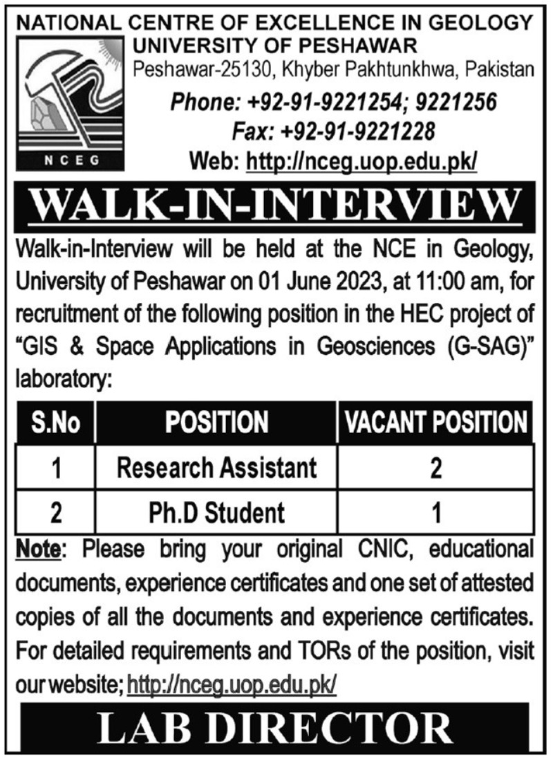National Centre of Excellence in Geology UOP Research Posts Peshawar 2023