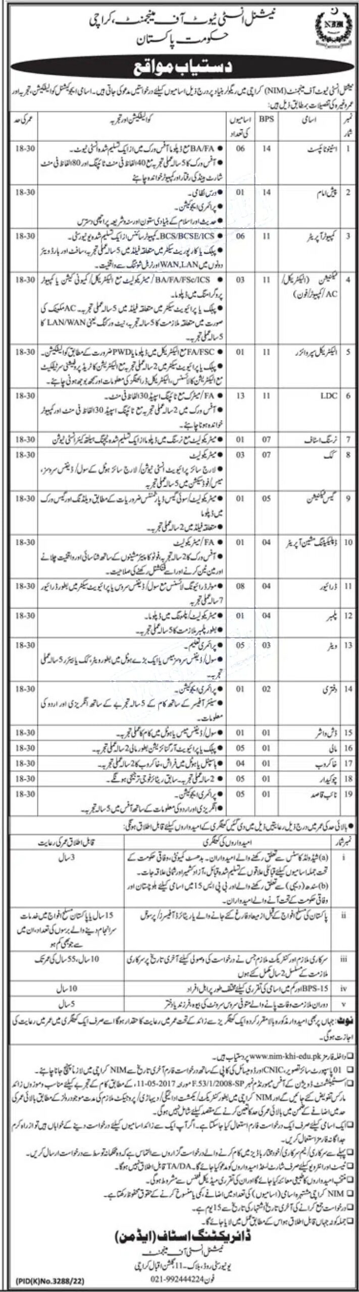 National Institute of Management (NIM) Karachi Jobs ad 2023