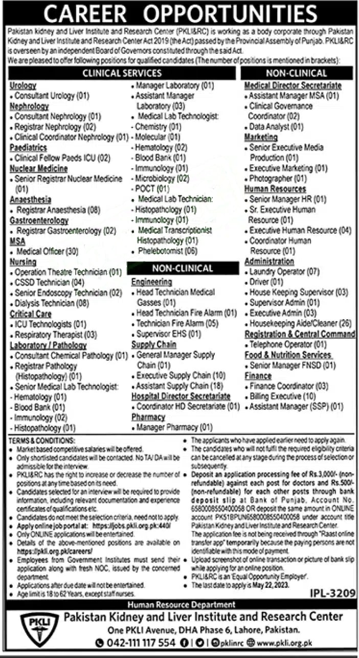 PKLI Lahore (Pakistan Kidney & Liver Institute) Jobs 2023