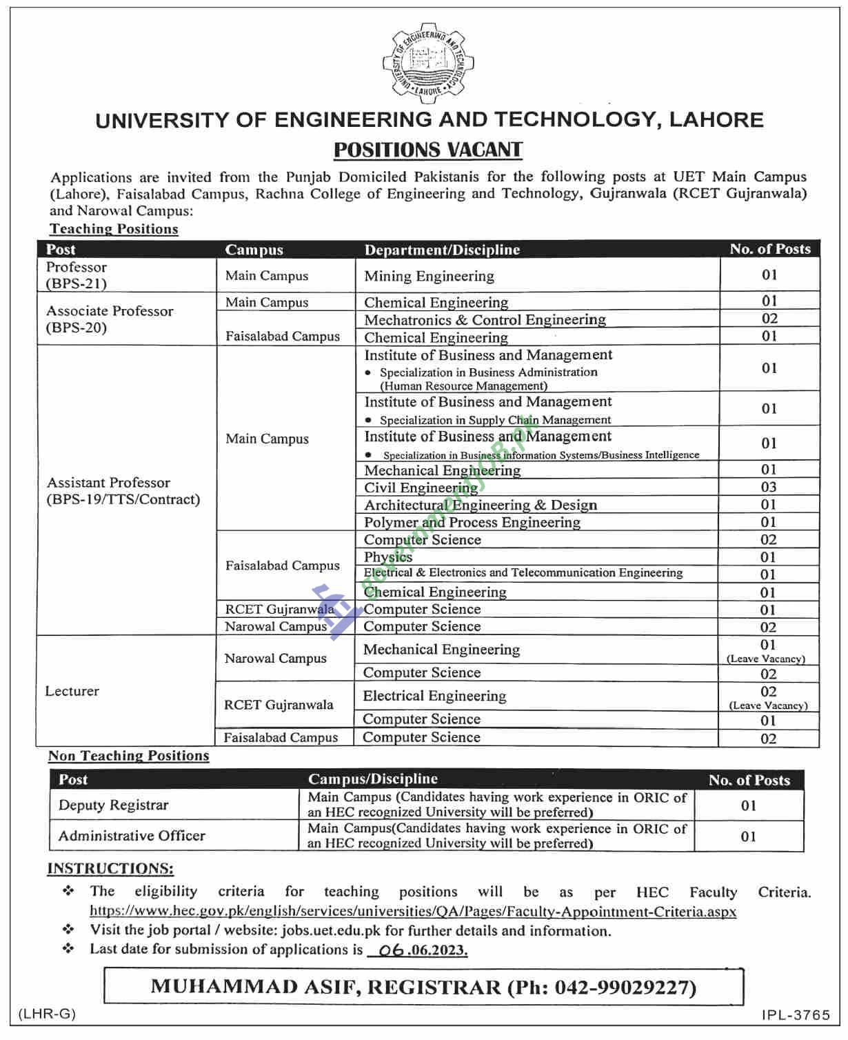 UET Lahore Jobs 2023 - Professor & Lecturer Faculty