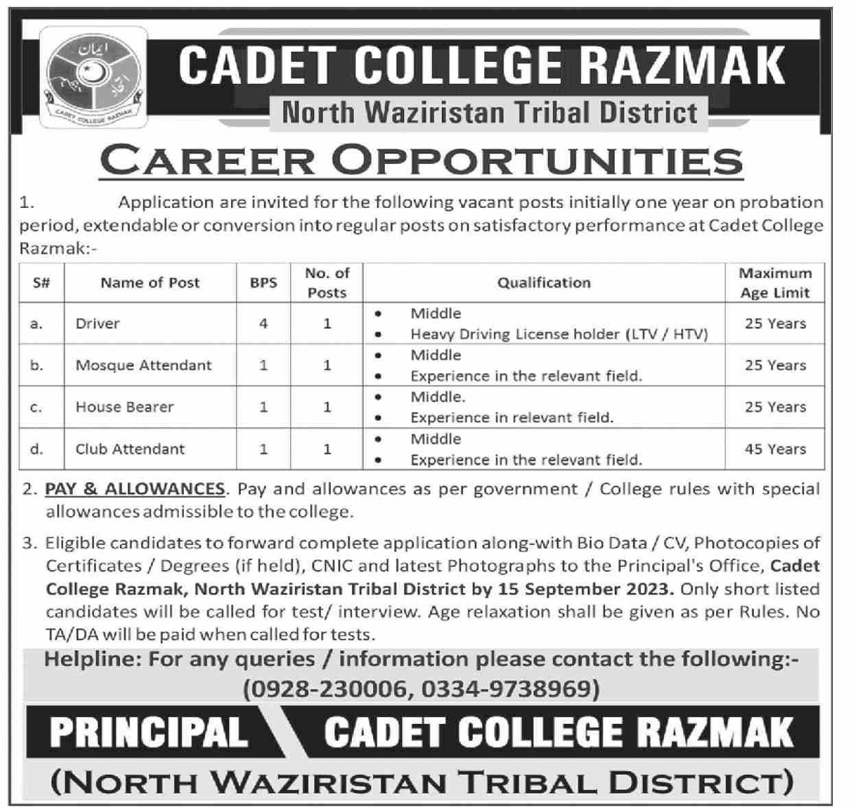 Cadet College (Razmak) Jobs 2023