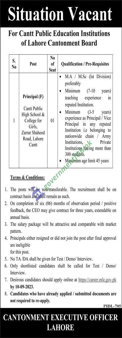Principal Jobs in Lahore Cantonment Board