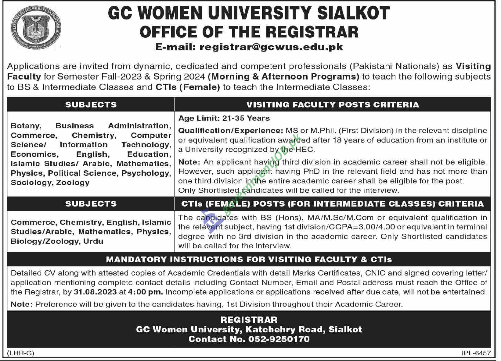 GC Women University Sialkot Jobs 2023