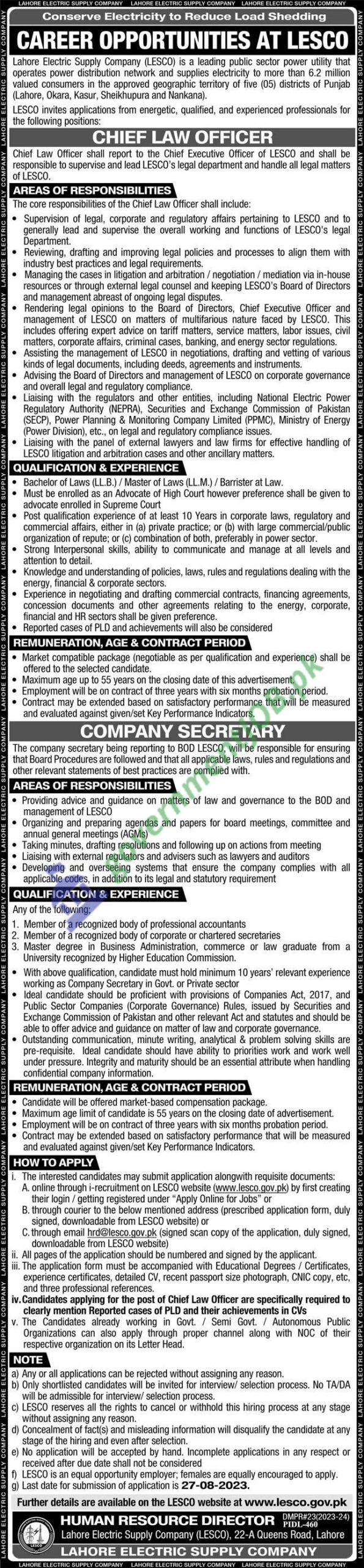 Lahore Electric Supply Company LESCO Jobs 2023