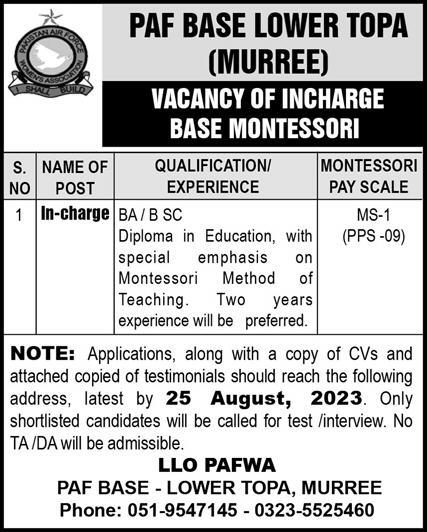 PAF Base Lower Topa Murree Jobs 2023 For In-charge Opportunity