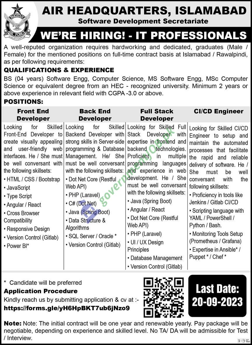 Air Headquarter Islamabad IT Professional Required 2023