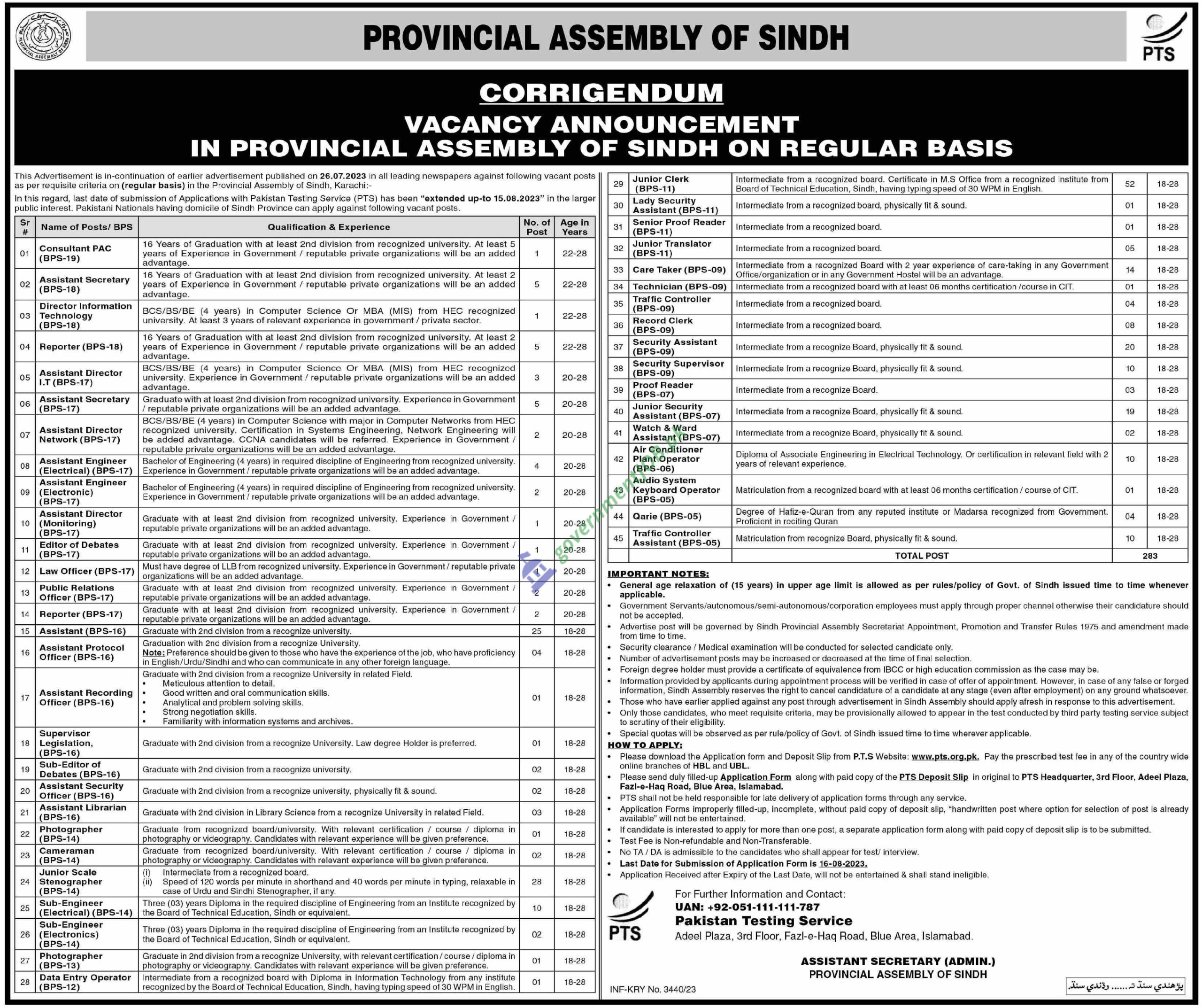 Provincial Assembly Sindh Jobs 2023 - Online Apply Via PTS