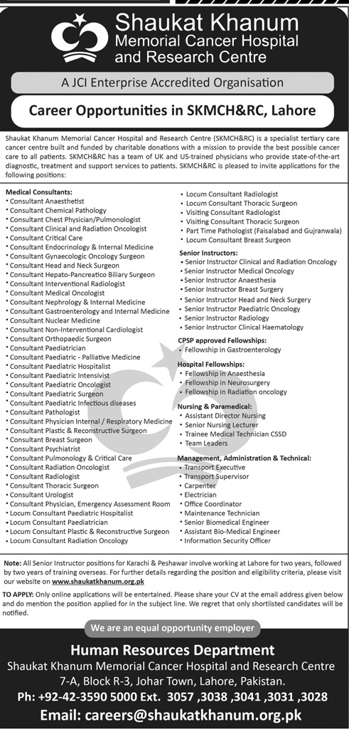 Shaukat Khanum Hospital Lahore Jobs 2023