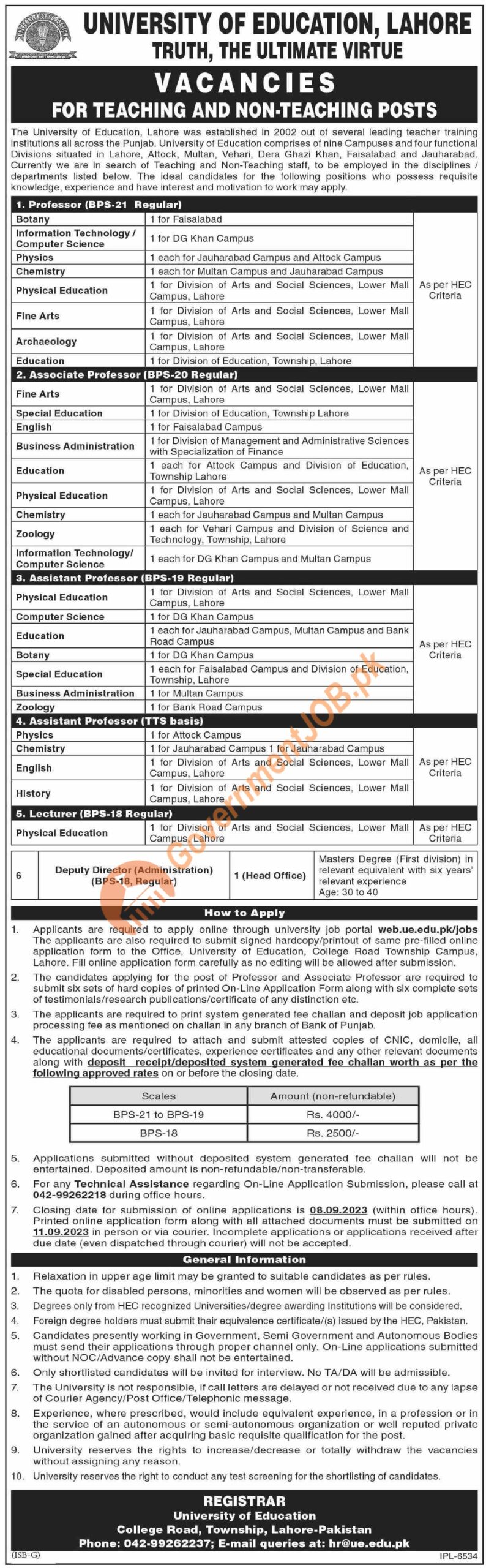 University of Education Lahore Jobs ad 2023