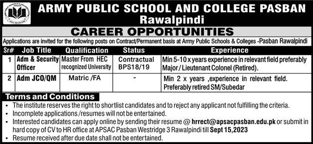 Army Public School & College Pasban Rawalpindi Jobs 2023
