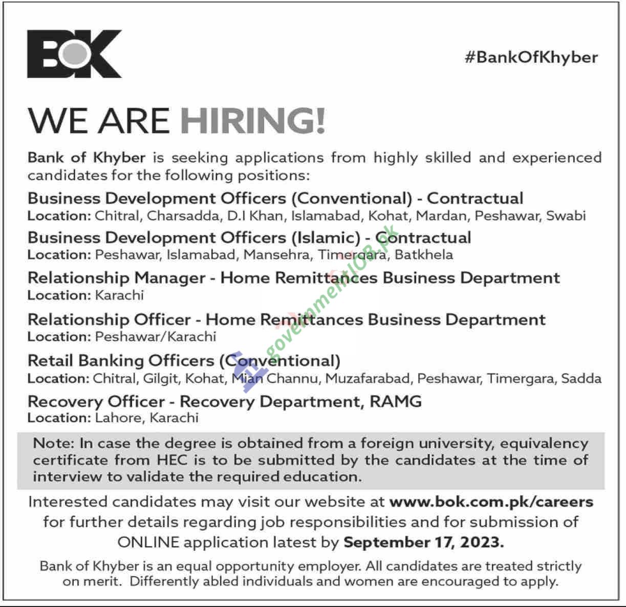 Bank Of Khyber BOK Jobs 2023 – Apply Online