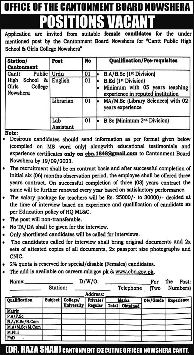 Cantonment Board Nowshera Jobs AD 2023