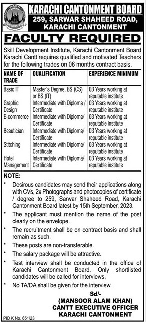 Karachi Cantonment Board Teaching Jobs 2023