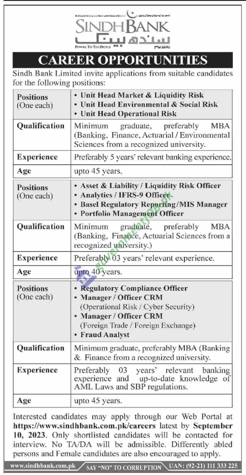 Sindh Bank Jobs ad 2023