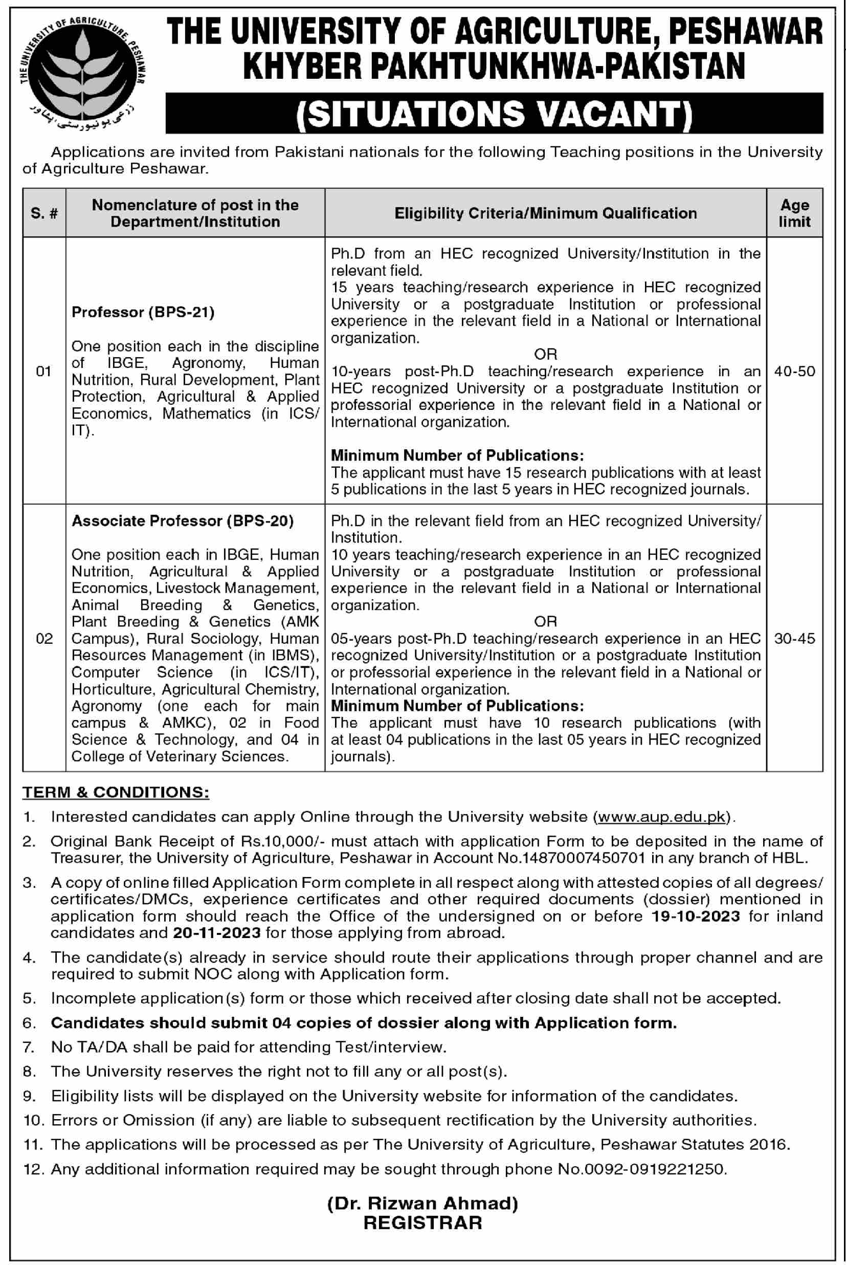 University Of Agriculture Peshawar Jobs 2023
