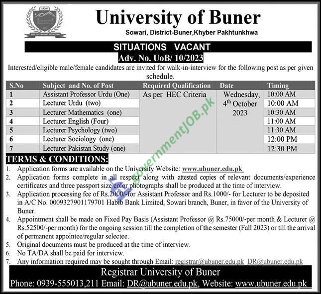 University of Buner Jobs 2023 