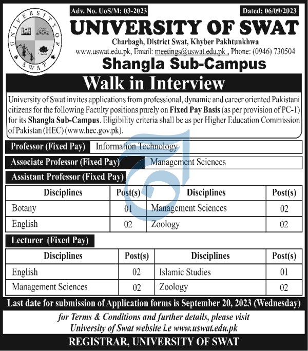 University of Swat UOS Jobs Interview 2023