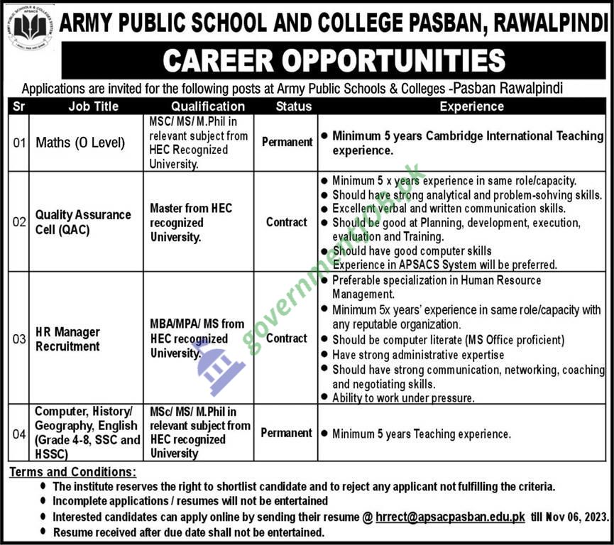 Army Public School (APS Pasban) Rawalpindi Jobs 2023