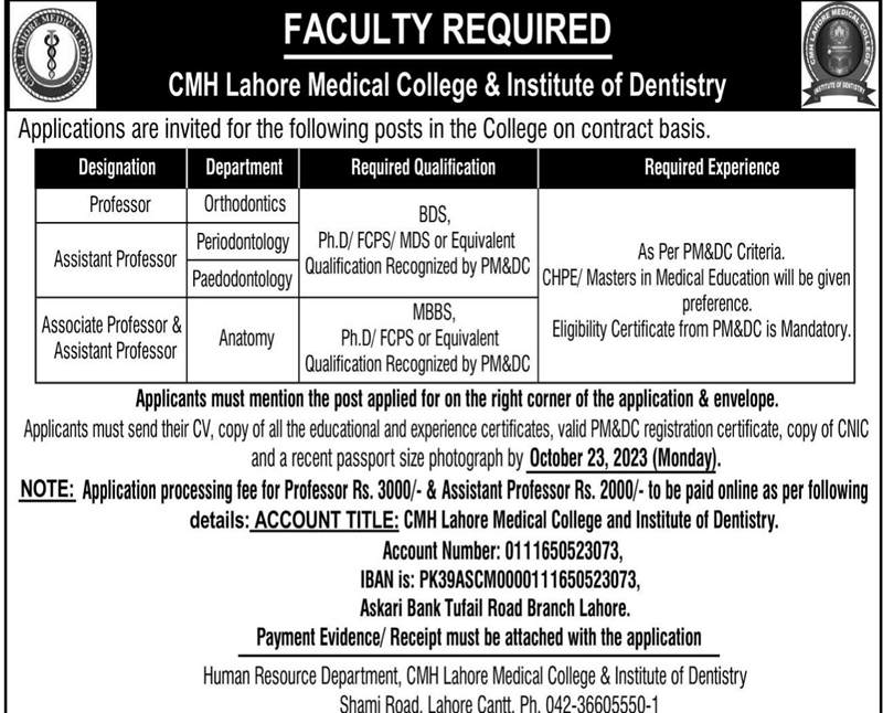 CMH Lahore Medical College Jobs 2023