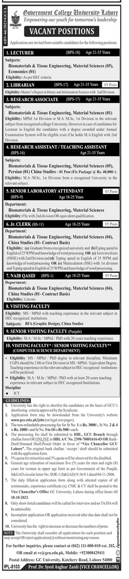 Government College University GCU Lahore Jobs 2023