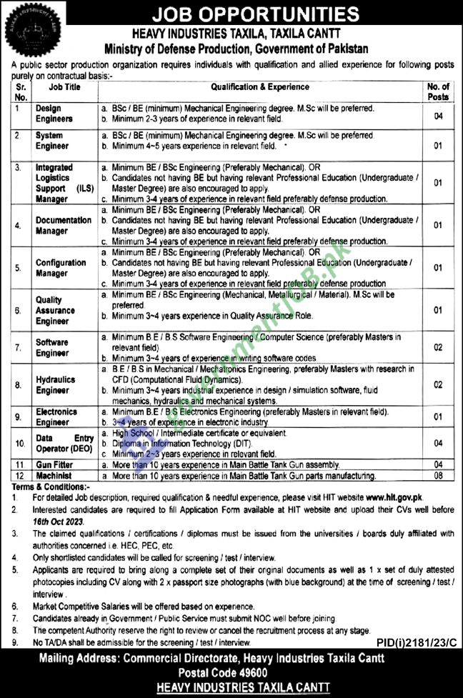 Heavy Industries Taxila Jobs 2023 - Ministry of Defense Production