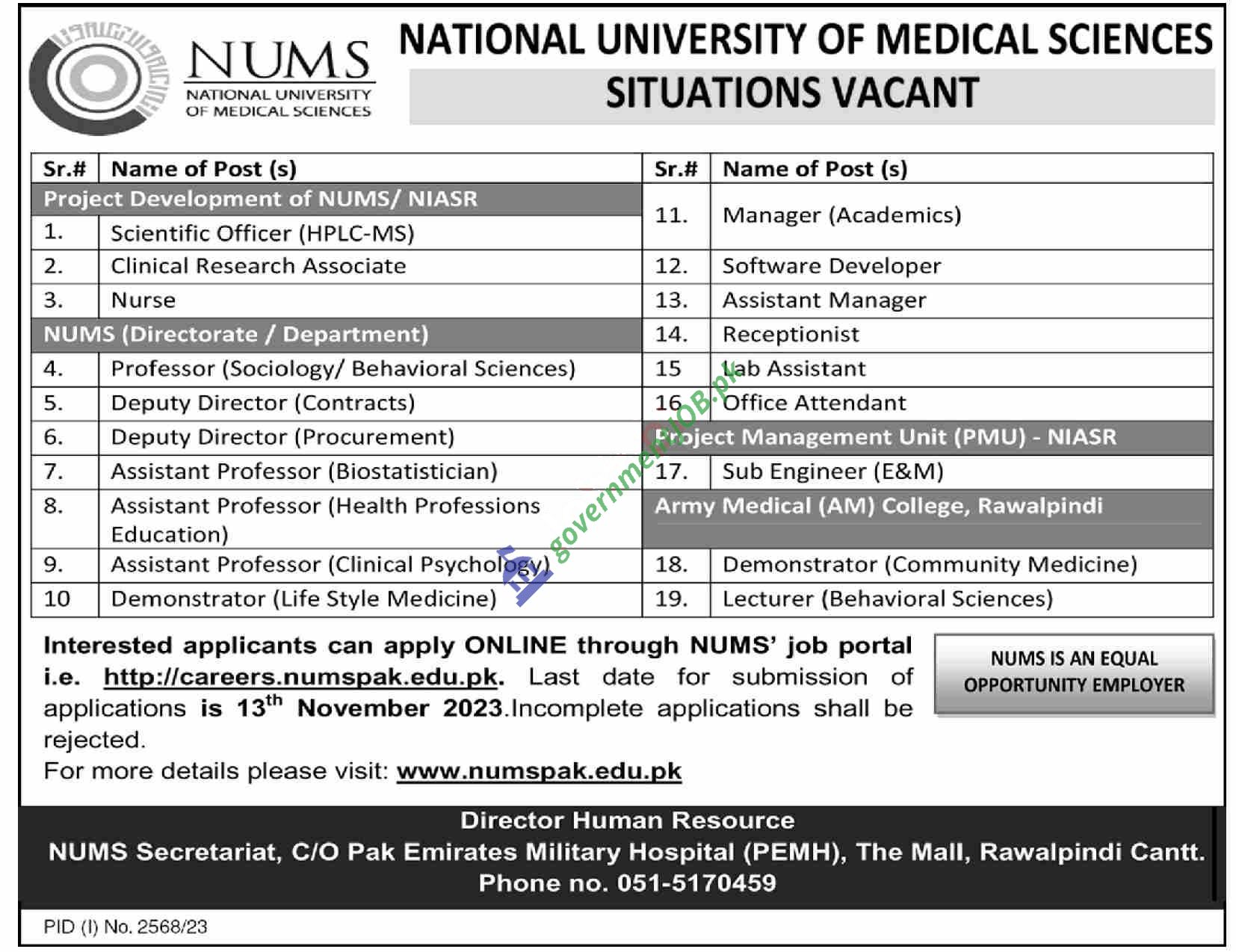 National University Of Medical Sciences NUMS Jobs 2023 