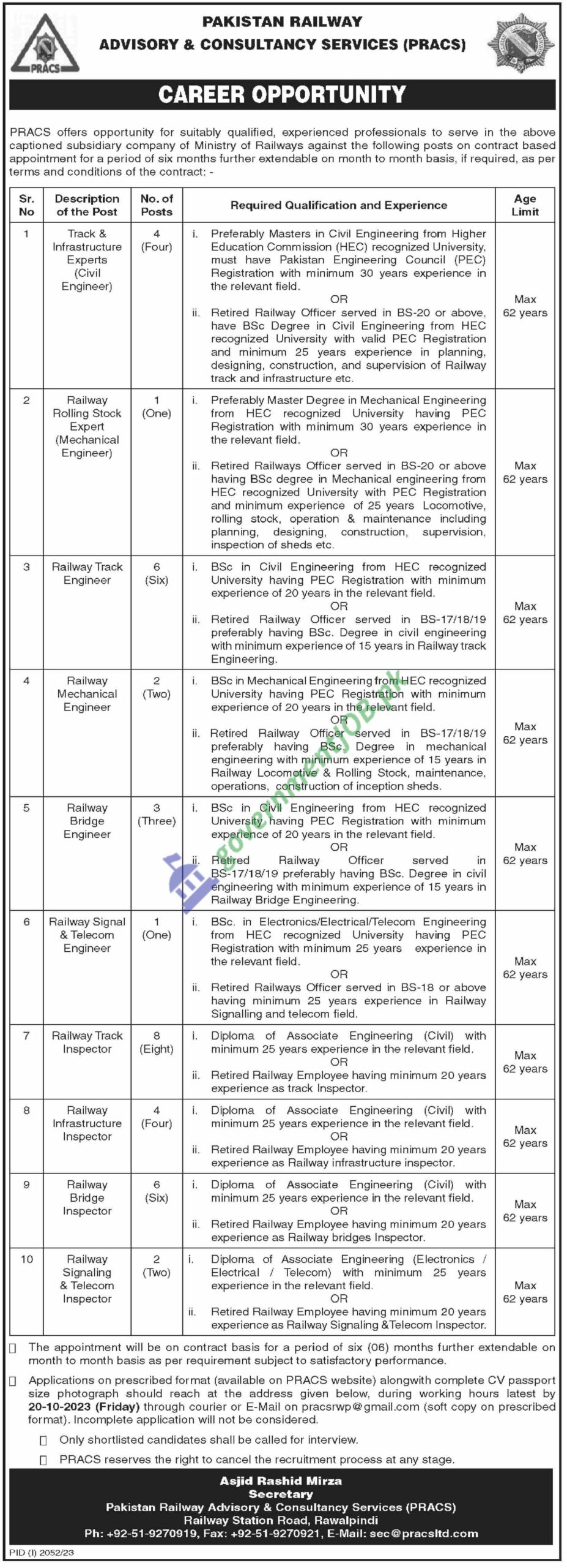 Pakistan Railway Advisory & Consultancy Services Jobs 2023