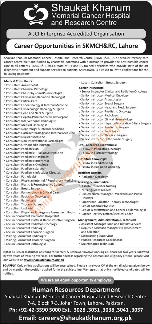 Shaukat khanum Lahore Jobs October 2023