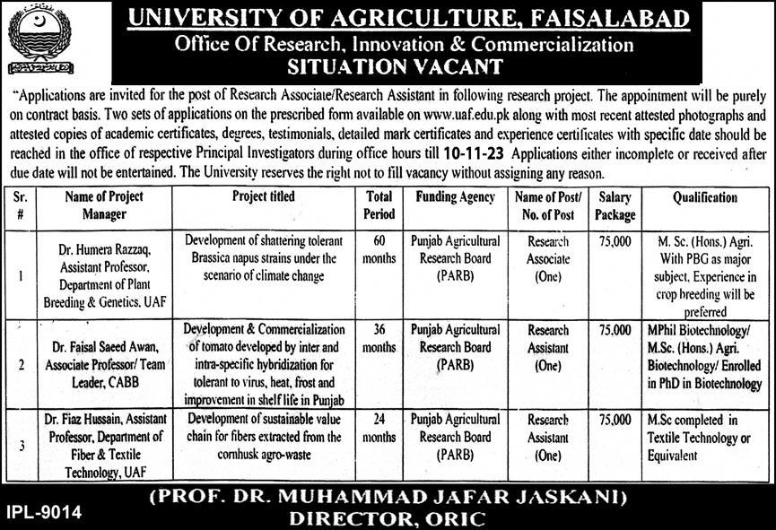 University Of Agriculture Faisalabad Punjab Jobs 2023 