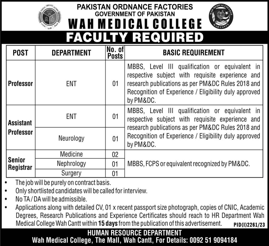 Wah Medical College POF Wah Jobs 2023 For Professors
