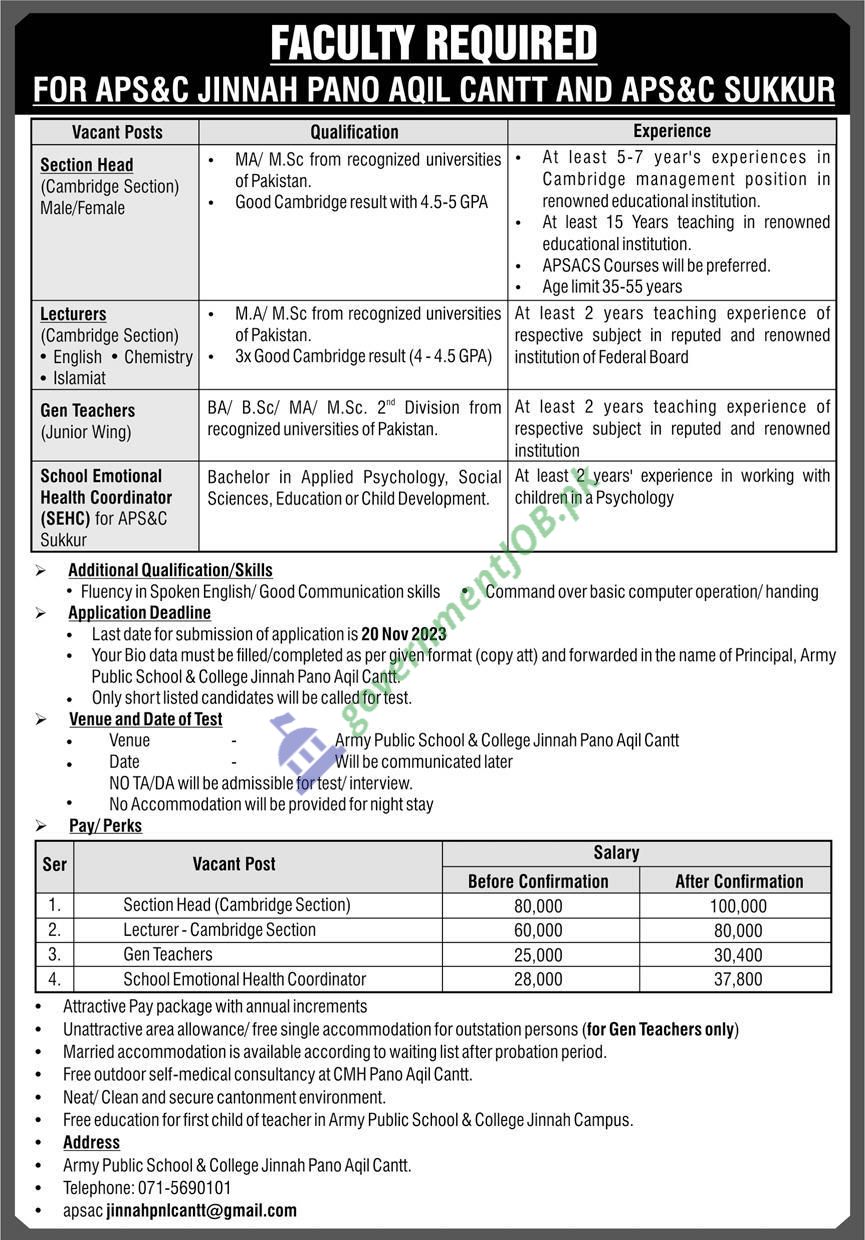 APS & Colleges Pano Aqil Jobs 2023