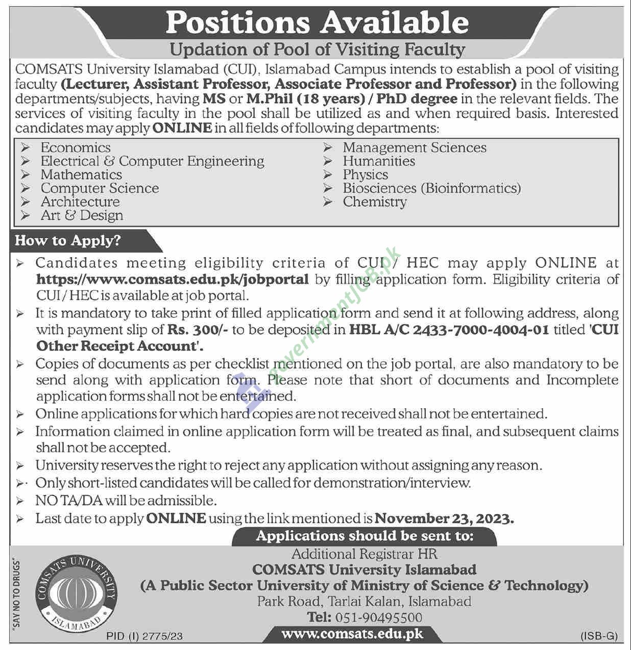 COMSATS University Jobs 2023 - Visiting Faculty in Islamabad Campus