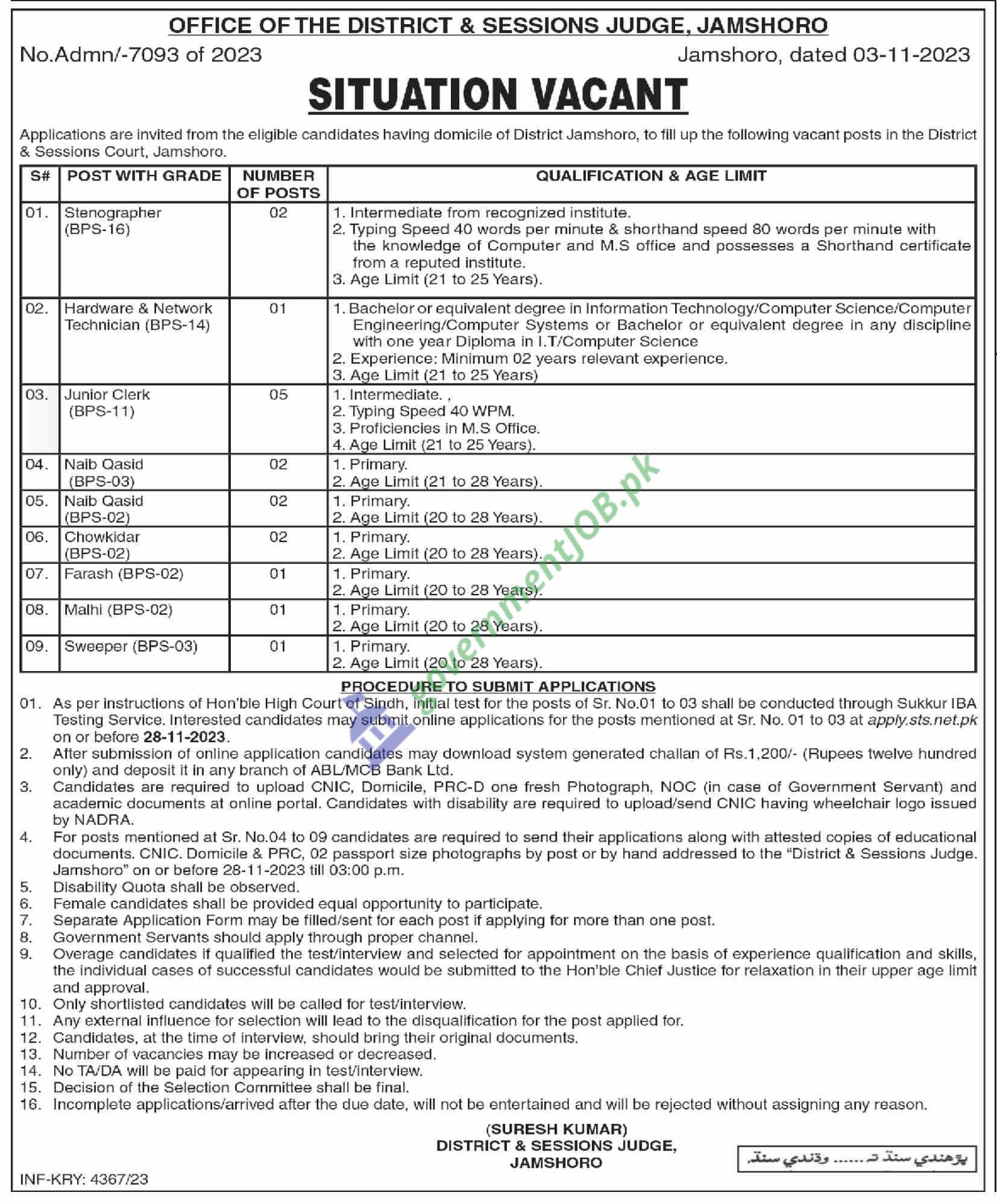 District and Sessions Judge Jamshoro Jobs 2023 - Office of Session Judge