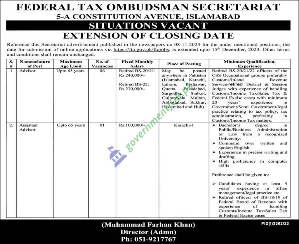 Federal Tax Ombudsman Secretariat Jobs 2023 | FTO Islamabad