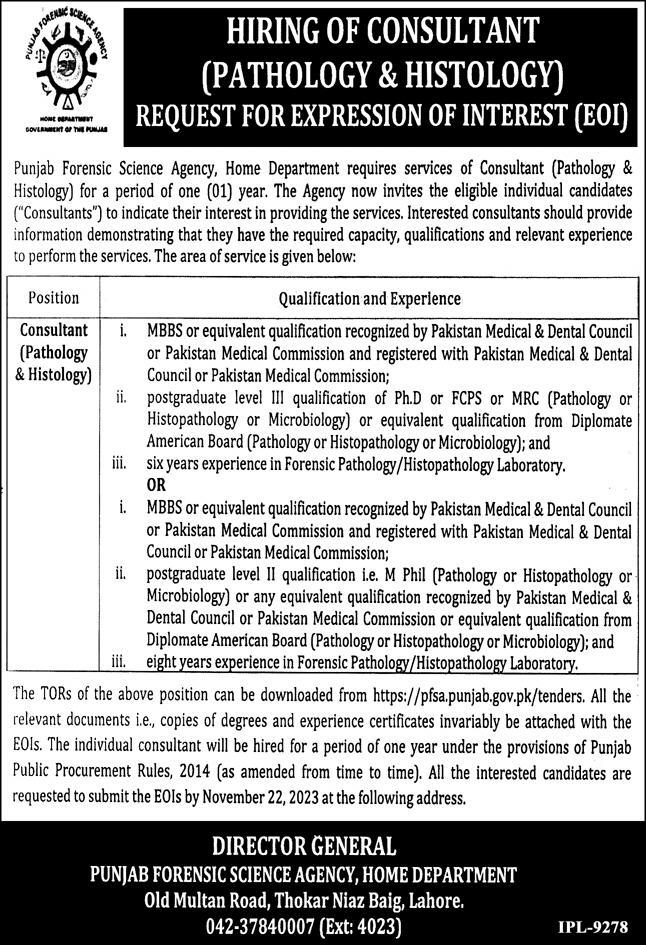 Punjab Forensic Science Agency PFSA Lahore Jobs 2023 - Consultant Vacnacies