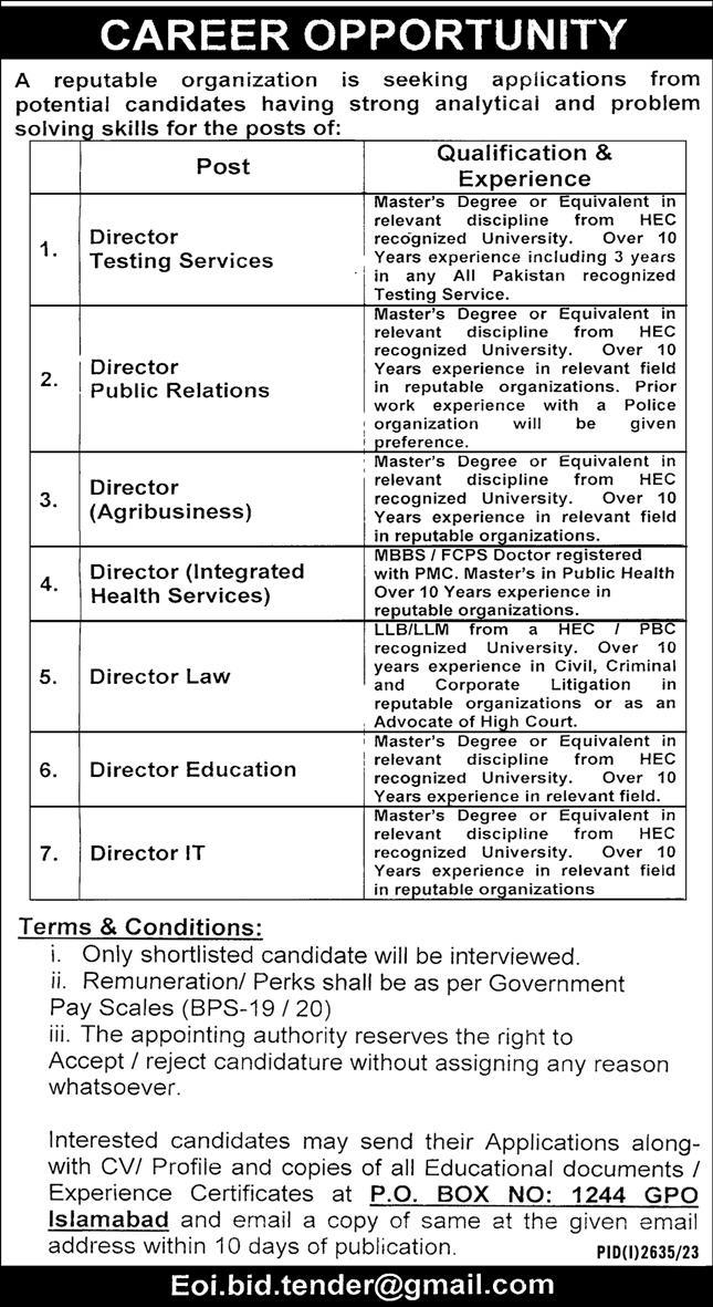 PO Box 1244 GPO Islamabad Jobs 2023 at Public Sector Company
