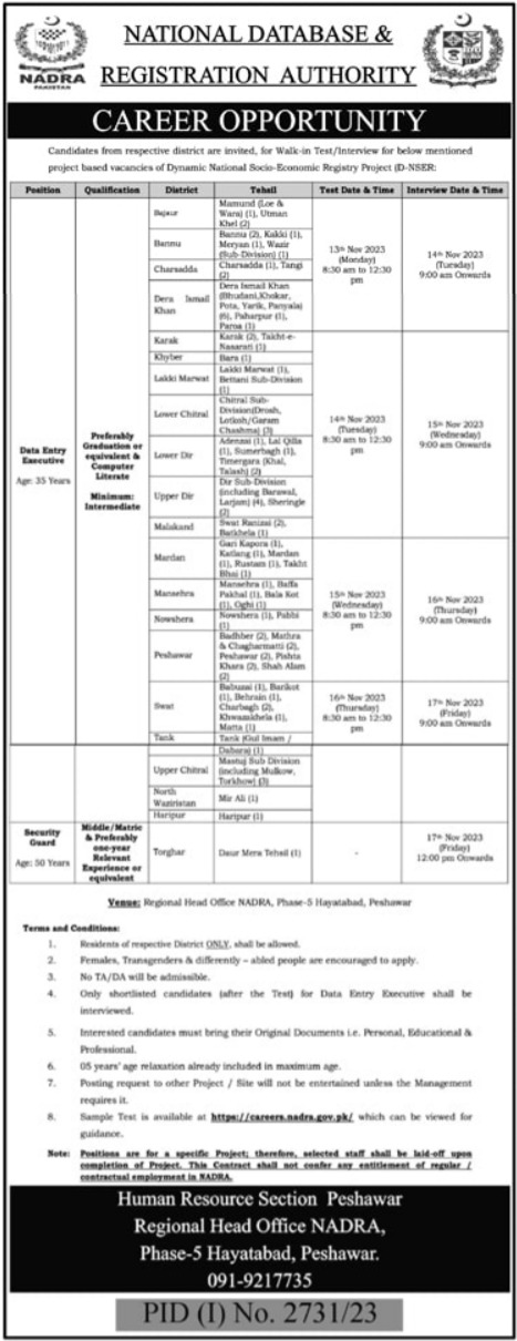 Positions Test And Interviews At NADRA
