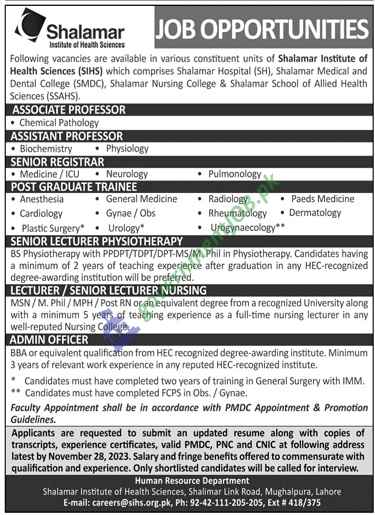 Shalamar Institute of Health Sciences Jobs 2023 in Lahore