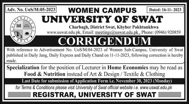  University of Swat Education Jobs Swat 2023