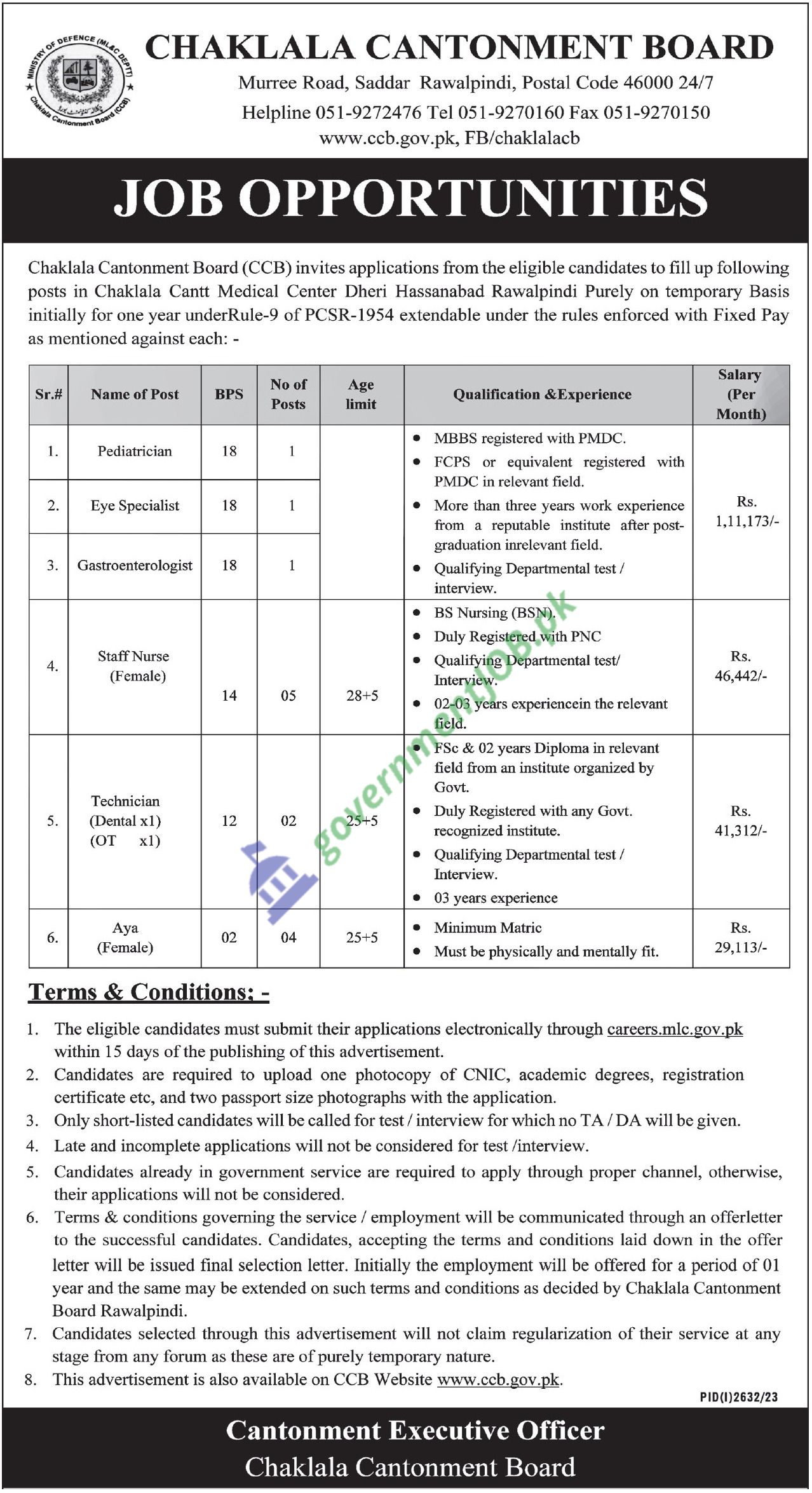 Chaklala Cantonment Board Rawalpindi Jobs 2023